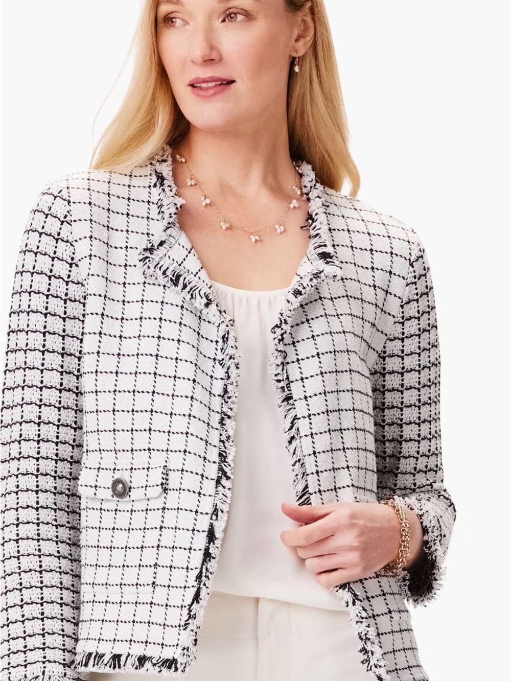 NIC+ZOE Black and White Fringed Plaid Open Blazer nwot